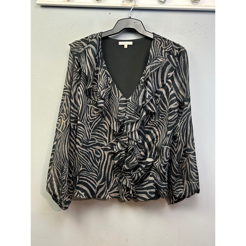Skies Are Blue Blouse Womens Large Black Zebra Print Ruffle Metallic V-Neck